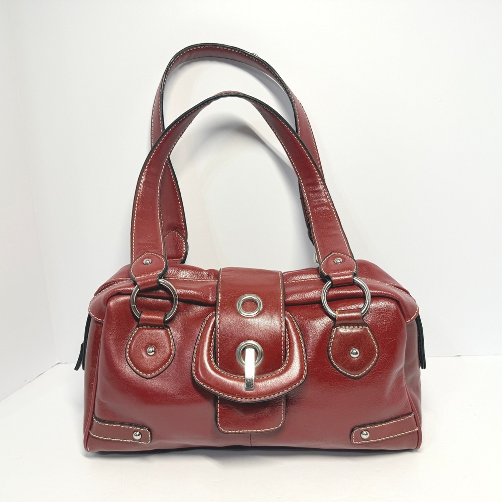 Wilsons Leather Red Satchel Shoulder Bag Silver Hardware Contrast Stitching